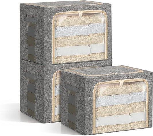 3-Pack Clothes Storage Bags, Foldable Storage Bins with Metal Frame, Clear Window, Reinforced Handles, Durable Non-Woven Fabric for Clothes, Bedding, Blankets, 40L, Gray-NeatNest