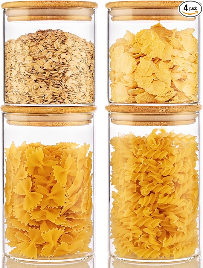 32oz & 21oz - 4 Pack Glass Jars with Bamboo Lids, Glass Pantry Storage Containers with Airtight Lids, Round Air Tigh Food Storage Canisters for Cereal, Pasta, Flour, Sugar, Best for Kitchen Organizer-NeatNest