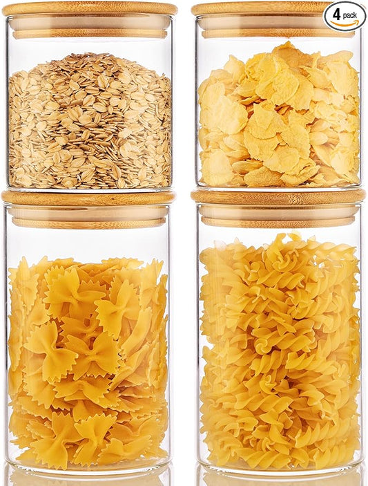 32oz & 21oz - 4 Pack Glass Jars with Bamboo Lids, Glass Pantry Storage Containers with Airtight Lids, Round Air Tigh Food Storage Canisters for Cereal, Pasta, Flour, Sugar, Best for Kitchen Organizer-NeatNest