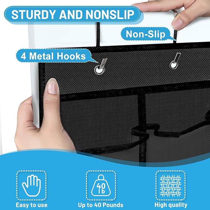 Aheroi 35 Pockets Large Over the Door Organizer, Breathable Mesh Pockets Hanging Shoe Organizer, Black Door Shoe Organizer Mesh Closet Shoe Holder Hanger Holds Up to 40 lbs, Space Saving Shoe Rack