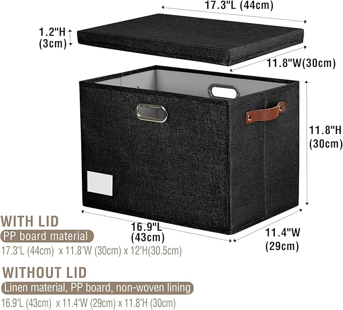 17" Large Collapsible Storage Bins with Lids, Stackable Closet Organizers with PU Handle and Labels, 3-Pack Decorative Fabric Storage Boxes for Home, Bedroom, Closet, Office, Nursery(Black)-NeatNest