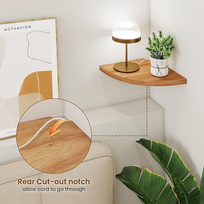 Fun Memories Corner Shelf Wall Mount, Solid Oak Wood Floating Corner Shelves with Cable Hole, 8.5in Rustic Design for Bedroom, Bathroom, Kitchen, Living Room (Natural, 1 Pack)-NeatNest