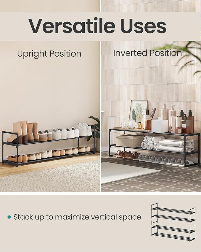 SONGMICS Shoe Rack, 2-Tier Shoe Organizer, Metal Storage Shelf, Upright or Upside Down, for 15-18 Pairs, Stackable, for Entryway, 11.8 x 46.1 x 13.4 Inches, Black ULSA032B01-NeatNest