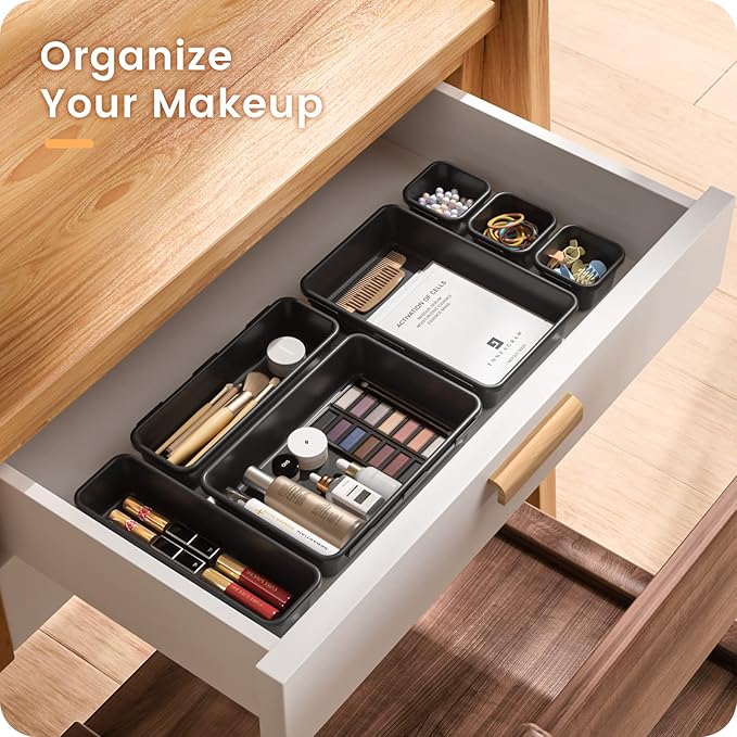 【𝟮𝟮𝗣𝗖𝗦】A-LUGEI Plastic Black Desk Drawer Organizer, Bathroom Organizers and Storage, Makeup Organizer, Organization and Storage Bin Container for Vanity Office Utensils Tool Pantry Cosmetic-NeatNest