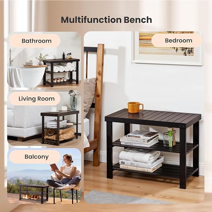 Simple Deluxe Shoe Rack Bench, 3-Tier Bamboo Storage Organizer, 286lb Capacity Entryway Bench for Front Door, Bedroom, Living Room, Bathroom, Balcony, Stylish Shoes Brown (11.3 x 27.6 x 17.8 Inches)
