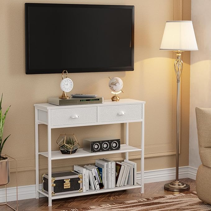 Furologee 30'' Entryway Table, White Console Table with Storage, Narrow Sofa Table with 2 Drawers and 2 Shelves for Hallway, Living Room, Bedroom, Foyer, Couch, Tv-NeatNest