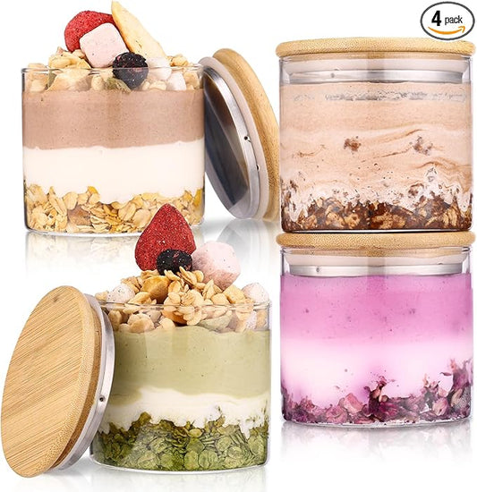 4 Pack Overnight Oats Containers with Bamboo Lids,10 Oz Glass Jars with Airtight Lids for Oats, Cereal, Yogurt, Chia Seed Pudding.Salad Jars Meal Prep