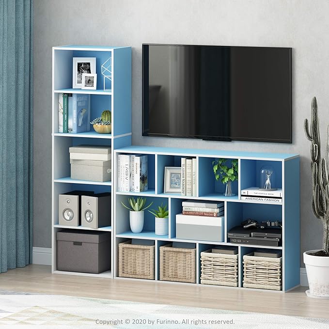 Furinno Luder Bookcase / Book / Storage , 11-Cube, White/Light Blue-NeatNest