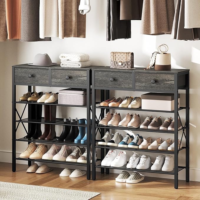 5 Tier Shoe Rack, Large Capacity Shoe Storage Organizer, Metal Shoe Shelf with Drawer and Wooden Top, for 20 Pairs of Shoes, for Entryway, Closet, Charcoal and Black SS25BCY1-NeatNest