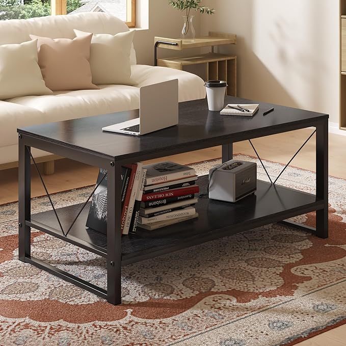 Rectangle Coffee Table Tea Table with Storage Shelf, Farmhouse Wooden Coffe Table for Living Room Table, 40" Rustic Center Table 2-Tier Minimalist Coffee Table Easy Assembly (Black)-NeatNest