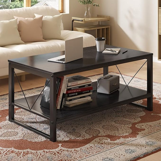 Rectangle Coffee Table Tea Table with Storage Shelf, Farmhouse Wooden Coffe Table for Living Room Table, 40" Rustic Center Table 2-Tier Minimalist Coffee Table Easy Assembly (Black)-NeatNest