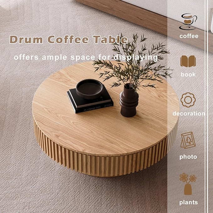 39'' Round Coffee Table with Storage, Modern Wooden Coffee Table with Solid Wood Veneered, Circle Center Table Accent Tea Table for Living Room Apartment Natural Wood