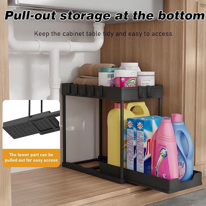 2 Pack Multi-Purpose Pull-Out Storage Organizers, Under Sink Organizers and Storage for Bathroom & Kitchen, Under Cabinet Organizers and storage, 12.8 Inch, Black-NeatNest