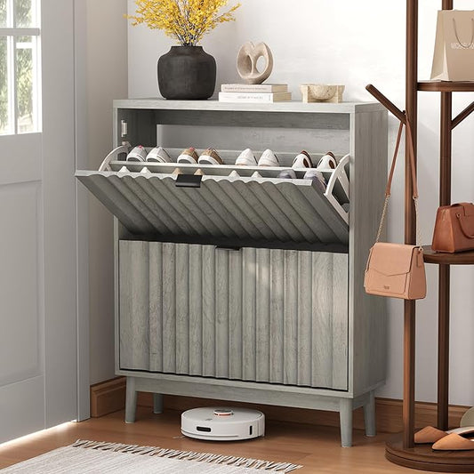 Fluted Shoe Cabinet for Entryway with 2 Flip Drawers, Narrow Wood Shoe Storage Cabinet, Freestanding Hidden Shoe Organizer for Foyer, Hallway, Grey