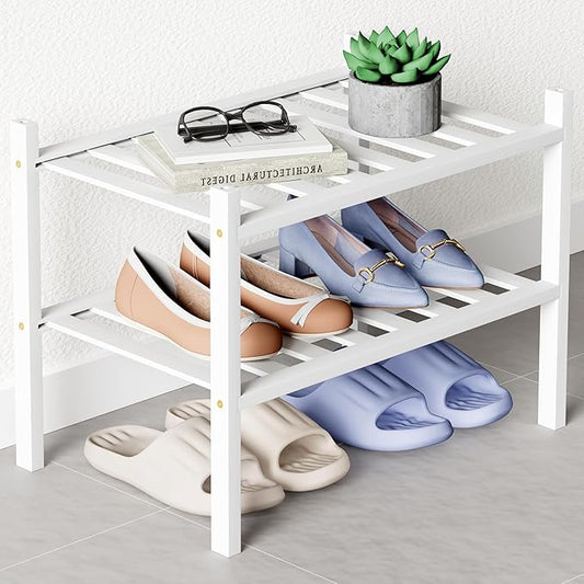 Smiry Bamboo Shoe Rack for Closet, 2 Tier Small Wooden Stackable Shoe Organizer, Free Standing Shoes Storage Shelf for Entryway, Front Door Entrance, White-NeatNest