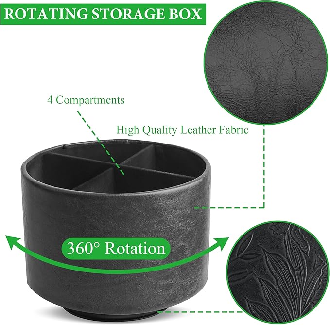 Hennaja Round Leather Art Supply Organizer,Remote Control Holder,360 Degree Spinning,Multi-Functional Pencil Holder,4 Compartments Desktop Stationary Organizer(1-Oil Black)-NeatNest