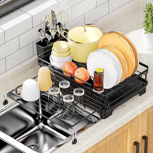 FOXMIND Dish Drying Rack with Drainboard,Expandable 2-in-1 Dish Racks for Kitchen Counter, Over The Sink Dish Drainer Drying Rack,Rustproof Dish Drainer with Utensil Holder, Black