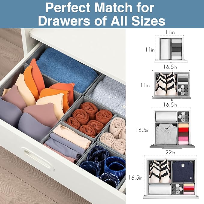 Criusia Drawer Organizer Clothes, 8 Pack Underwear Organizer, Foldable Closet Organizers and Storage Dresser Dividers for Clothes, Socks, Scarves, Ties (Gray)-NeatNest