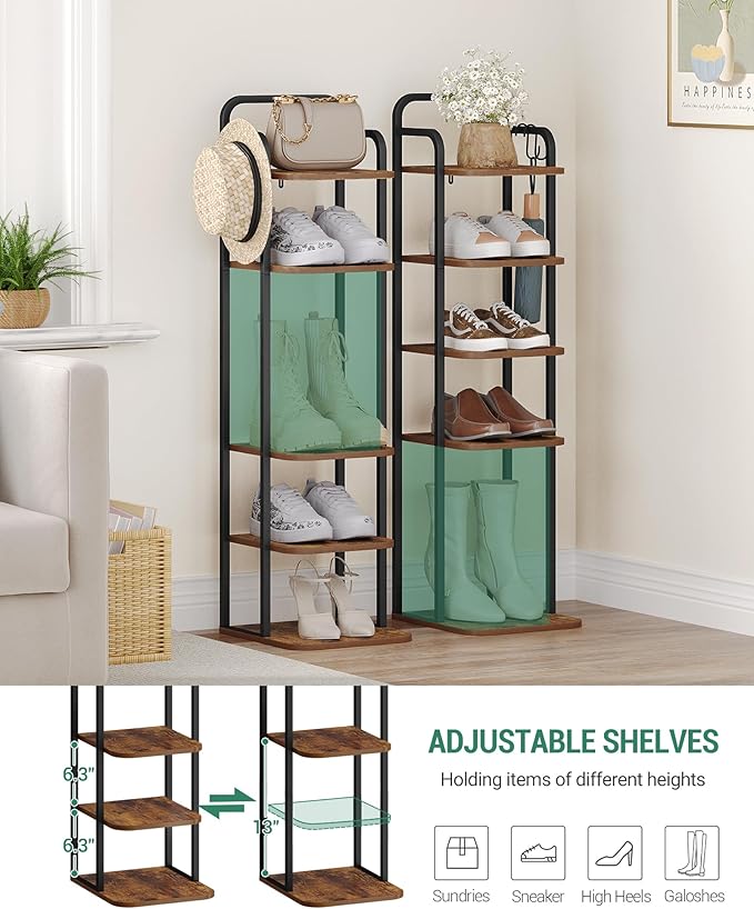 6 Tiers Vertical Shoe Rack, Narrow Shoe Tower, Tall Shoes Shelf with 2 Hooks, Adjustable Shelves, Corner Shoes Shelves for Small Spaces, Entryway, Living Room, Rustic Brown SR04201B-NeatNest