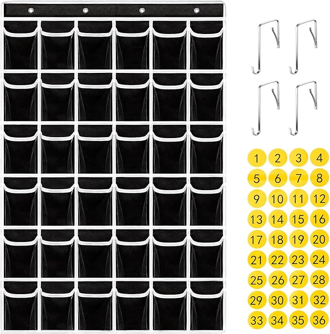 36 Clear Pockets Classroom Pocket Chart for Cell Phones,Pocket Chart Organizer for Calculator Holder with 36 Number Sticker Classroom Hanging Cell Phones Organizer (Black)-NeatNest