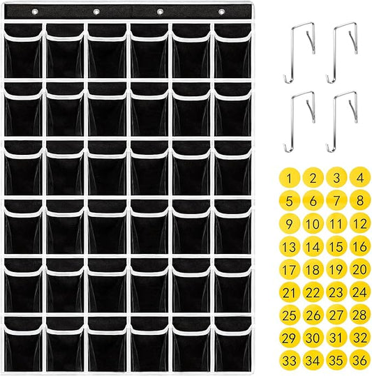 36 Clear Pockets Classroom Pocket Chart for Cell Phones,Pocket Chart Organizer for Calculator Holder with 36 Number Sticker Classroom Hanging Cell Phones Organizer (Black)-NeatNest