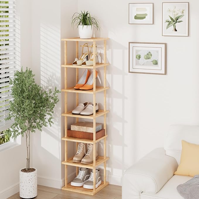 Vertical Tall Shoe Rack For Entryway - Tall 7 Tier Free Standing Slim Narrow Bamboo Wood Shoe Boots Storage Shelf Small Spaces For Garage Closet Doorway Garage Living Room Storage for Kitchen Bathroom-NeatNest