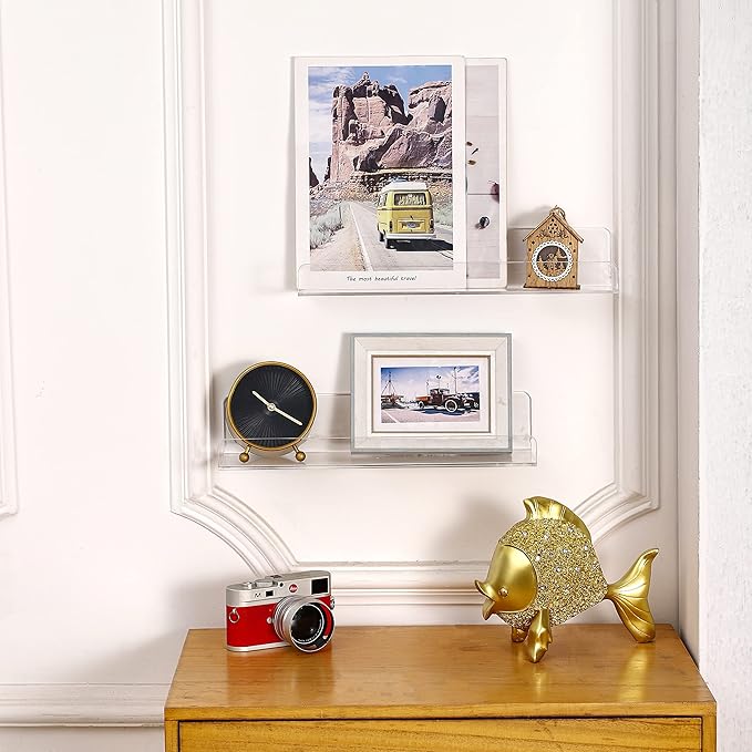 CY craft 6 PCS Acrylic Invisible Floating Bookshelf for Kids Room,15 inch Modern Picture Ledge Display Toy Storage Wall Shelf 5MM Thick U Shelves Storage Rack-NeatNest
