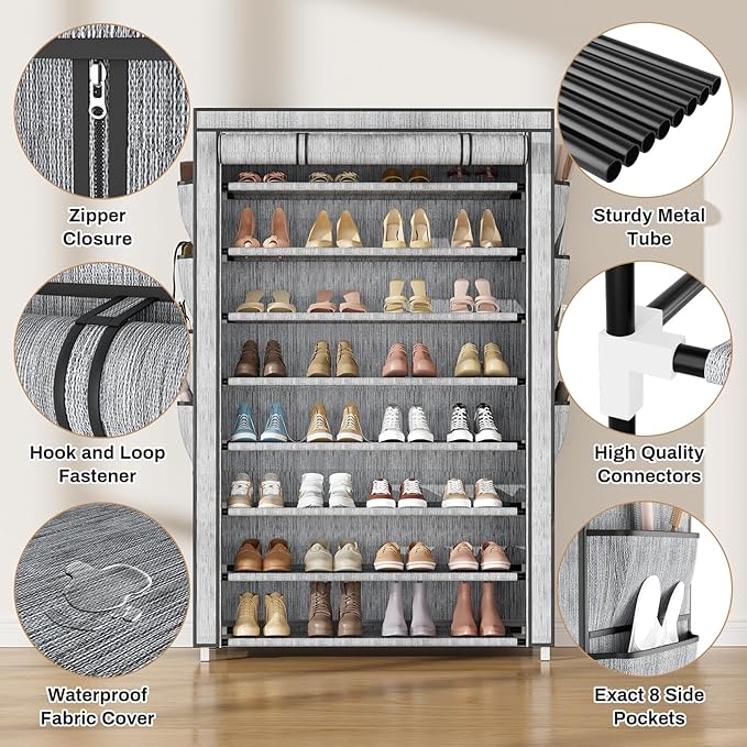 Shoe Rack with Cover, 8 Tier Tall Shoe Organizer Storage for 36-45 Pair Shoes and Boots Large Shoe Storage Shelf Free Standing Shoe Rack for Closet, Front Door Entrance, Dorm, Garage, Printing-NeatNest