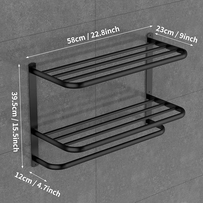 22.8Inch Towel Rack for Bathroom and Lavatory Towel Hanger with Wall Mount Towel Bars 304 Stainless Steel No Drill Tower Holder Shelf (3 Layers Black Towel Rack)