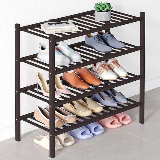 Smiry Bamboo Shoe Rack for Closet, 4 Tier Wooden Stackable Shoe Organizer, Free Standing Shoes Storage Shelf for Entryway, Front Door Entrance, Brown-NeatNest