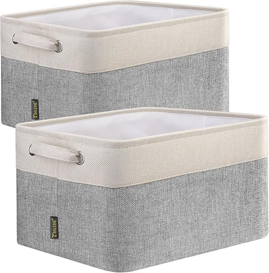 BALEINE 2 Pack Fabric Storage Bins for Shelves, Linen Storage Baskets for Organizing, Decorative Closet Bins for Clothes, Home (Grey, 15"x11"x9.5")-NeatNest