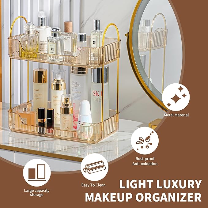2 Tier Bathroom Organizer Countertop Makeup Perfume Tray Skincare Organizer for Bathroom Dresser Vanity (Gold)-NeatNest