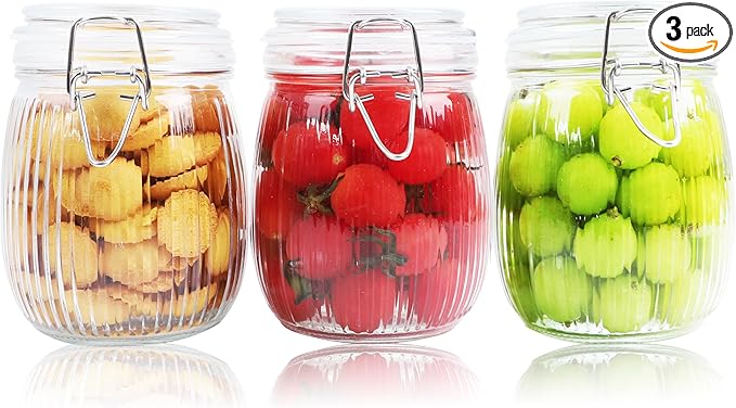 GMCOZY Glass Jars With Airtight Lid 24 Oz Wide Mouth Mason Glass Sealed Storage Canisters With Clamp Lids Leakproof For Refrigerator Kitchen Pantry Fruit Sugar Nuts Preserves Tea Beans 3 Set