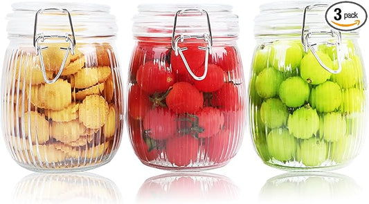 GMCOZY Glass Jars With Airtight Lid 24 Oz Wide Mouth Mason Glass Sealed Storage Canisters With Clamp Lids Leakproof For Refrigerator Kitchen Pantry Fruit Sugar Nuts Preserves Tea Beans 3 Set