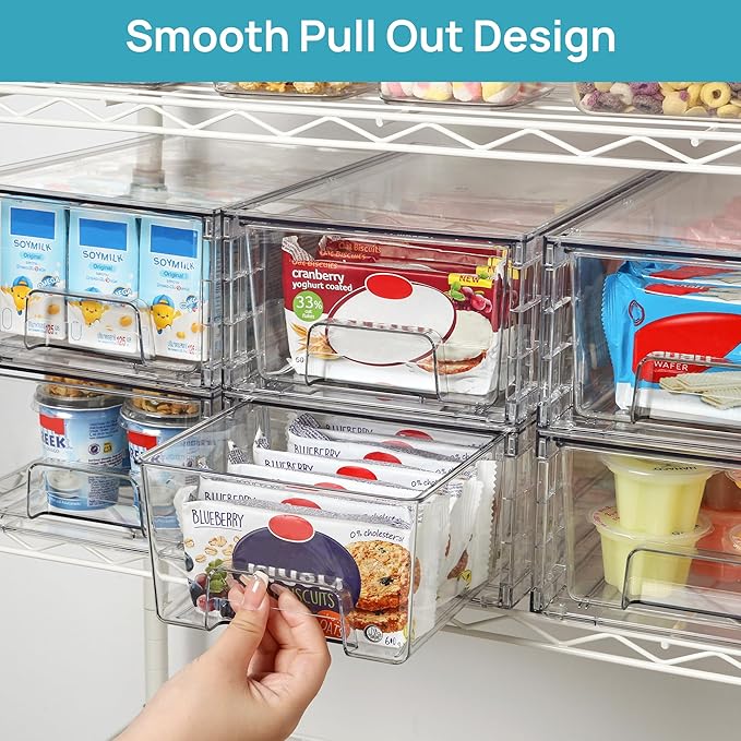 Vtopmart 6 Pack Stackable Storage Drawers,Clear Acrylic Drawer Organizers with Handles, Easily Assemble Containers for Fridge, Bathroom,Kitchen Undersink,Cabinet,Pantry Organization and Storage-NeatNest