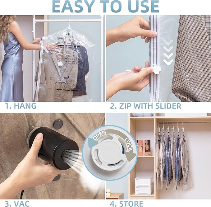 Hanging Vacuum Storage Bags with Electric Pump, 6 Pack (41.3 x27.6 inch), Vacuum Seal Bags for Clothing, Garment Storage for Short Jacket, Suits, Dresses, Closet Organizer Space Saving-NeatNest