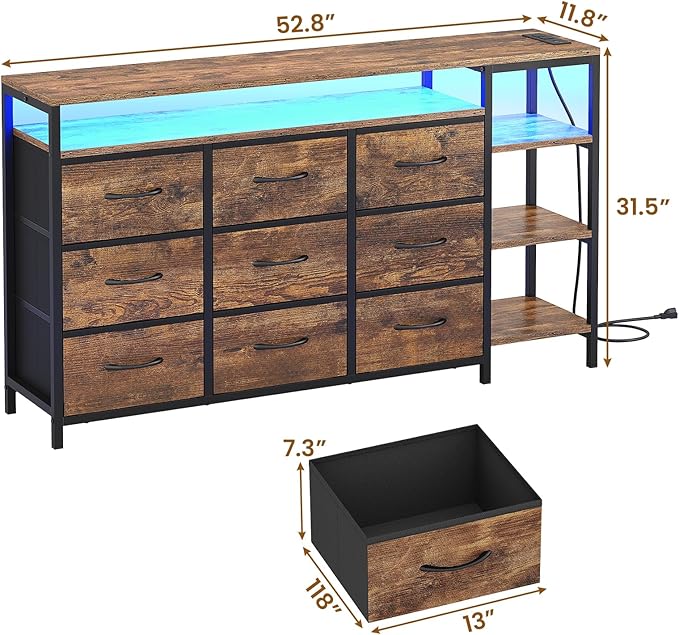 60 inch TV Stand Dresser for Bedroom with LED Lights & Charging Station, 9 Fabric Drawers, Entertainment Center with Drawers & Open Shelves for Living Room, Bedroom, Rustic Brown-NeatNest