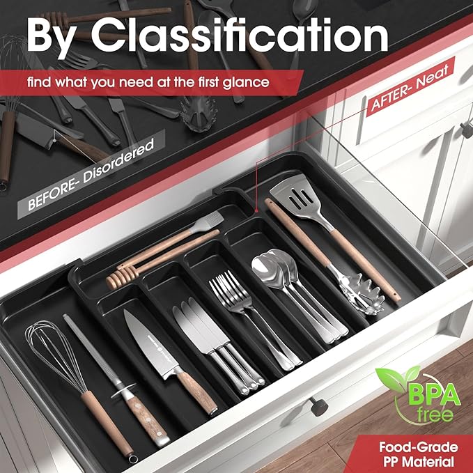 Aujen Silverware Organizer - Expandable Kitchen Drawer Organizer, Adjustable Utensil Organizer, Cutlery Tray for Forks, Knives, Multipurpose Kitchen Organizers and Storage Solution, Black, Medium-NeatNest