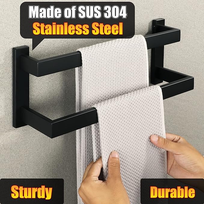 Alise Bath Double Towel Bars,Black Towel Holder Towel Racks for Bathroom Lavatory,Wall Mount Towel Hanger SUS304 Stainless Steel Towel Rail,GOY2400-B Matte Black 16 Inch
