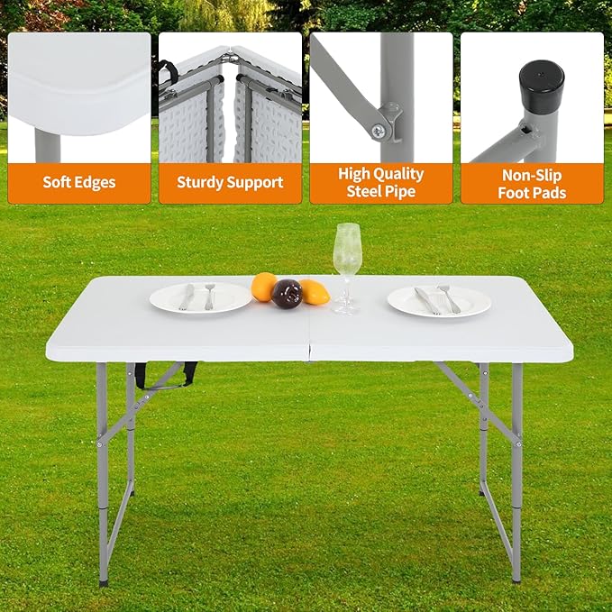 BestOffice Camping Folding 4 Foot Plastic Table, White-NeatNest