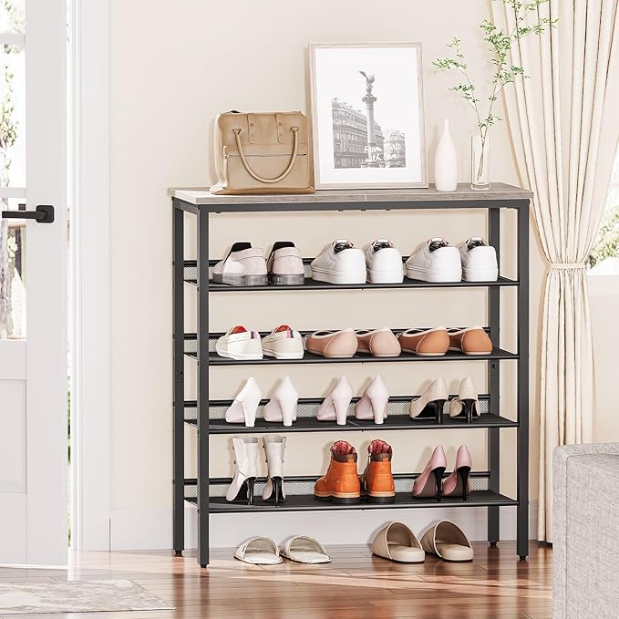HOOBRO Shoe Rack for Entryway, 5-Tier Shoe Organizer with Adjustable Mesh Shelves, 16-20 Pairs of Shoes, Spacious Floor Mount, Metal, Industrial, Shoe Shelf for Closet, Greige BG12XJ01-NeatNest