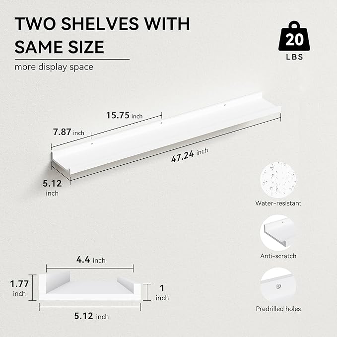 47.2 Inches Long Floating Shelves, 2 Set Modern Wall Shelf for Bedroom, Nursery Book Shelf with Lip, Picture Ledge Shelf for Wall Decor Living Room Bathroom Kitchen - White-NeatNest
