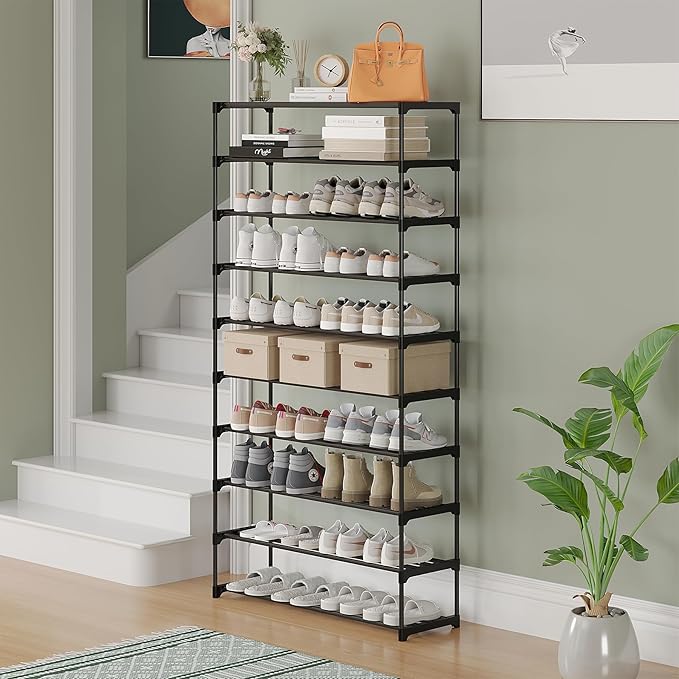 Calmootey 10-Tier Shoe Rack, Tall Large Capacity 50 Pairs Shoes Storage Organizer, Stackable Wide Shoe Shelf for Entryway, Hallway, Black-NeatNest