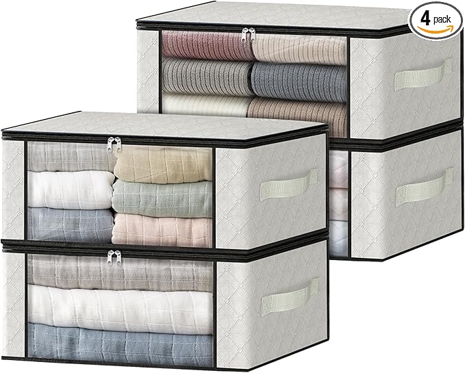 HomeHacks Storage 4-Pack Clothes Organizer Storage Bags Foldable Storage Box with Large Clear Window Sturdy Handles for Closet, Dorm, Pillows, Bedding, Clothes, Blankets, 35L, Ivory-NeatNest