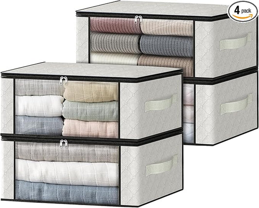 HomeHacks Storage 4-Pack Clothes Organizer Storage Bags Foldable Storage Box with Large Clear Window Sturdy Handles for Closet, Dorm, Pillows, Bedding, Clothes, Blankets, 35L, Ivory-NeatNest