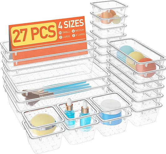 27 PCS Clear Plastic Drawer Organizers Set, 4-Size Versatile Bathroom and Vanity Drawer Organizer Trays, Storage Bins for Makeup, Bedroom, Kitchen Gadgets Utensils and Office-NeatNest