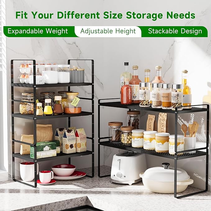 Expandable Kitchen Cabinet Shelf Organizer Rack Heavy Duty Metal Spice Rack Stackable Kitchen Counter Storage Shelf for Kitchen Cabinet Pantry Bathroom (Black - 16.5"-27" L x 10.2" W x 9.6" H - 2Pack)-NeatNest