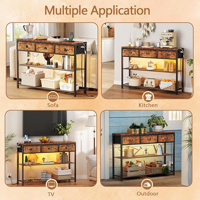 Furologee Console Table with Charging Station & 3 Fabric Drawers, 38'' Entryway Table with Storage Shelves and LED Light for Entry Way, Industrial Display Shelf for Hallway, Foyer, Rustic Brown-NeatNest
