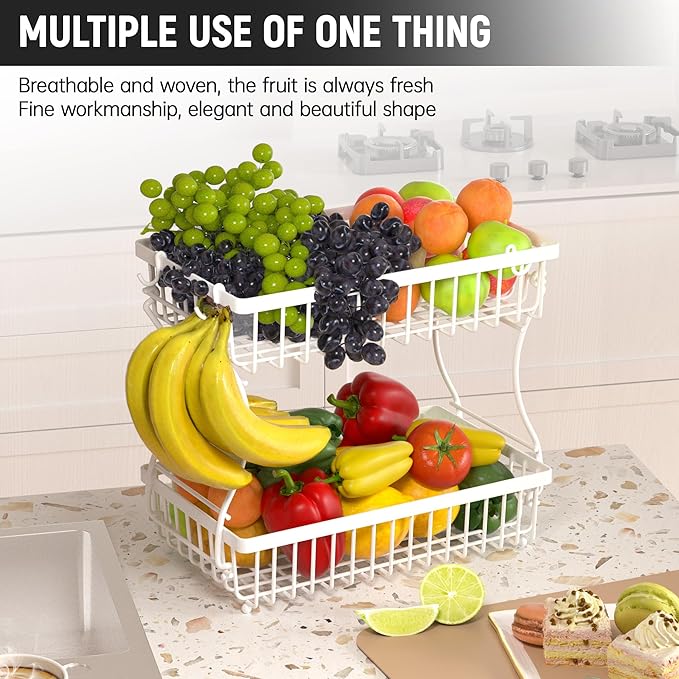 Fruit Basket,2-Tier Fruit Bowl with Banana Hanger,Kitchen Storage Countertop Rack,Fruit Metal Bowls Perfect for Holding Fruit,Vegetables,Snacks(White)