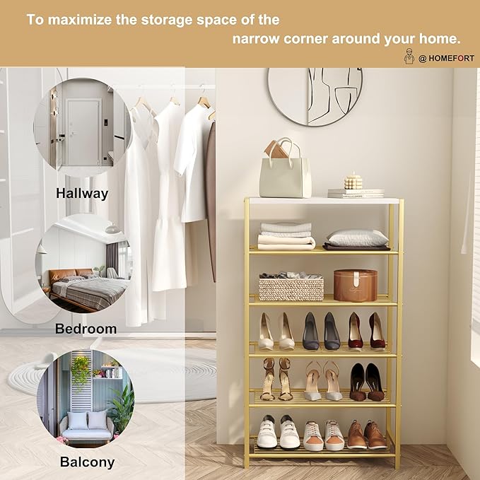 HOMEFORT Shoe Rack 6-Tier, Shoe Storage Shelf, Industrial Shoe Tower, Narrow Shoe Organizer for Closet Entryway, Small Shoe Rack Table with Durable Metal Shelves,Gold-NeatNest